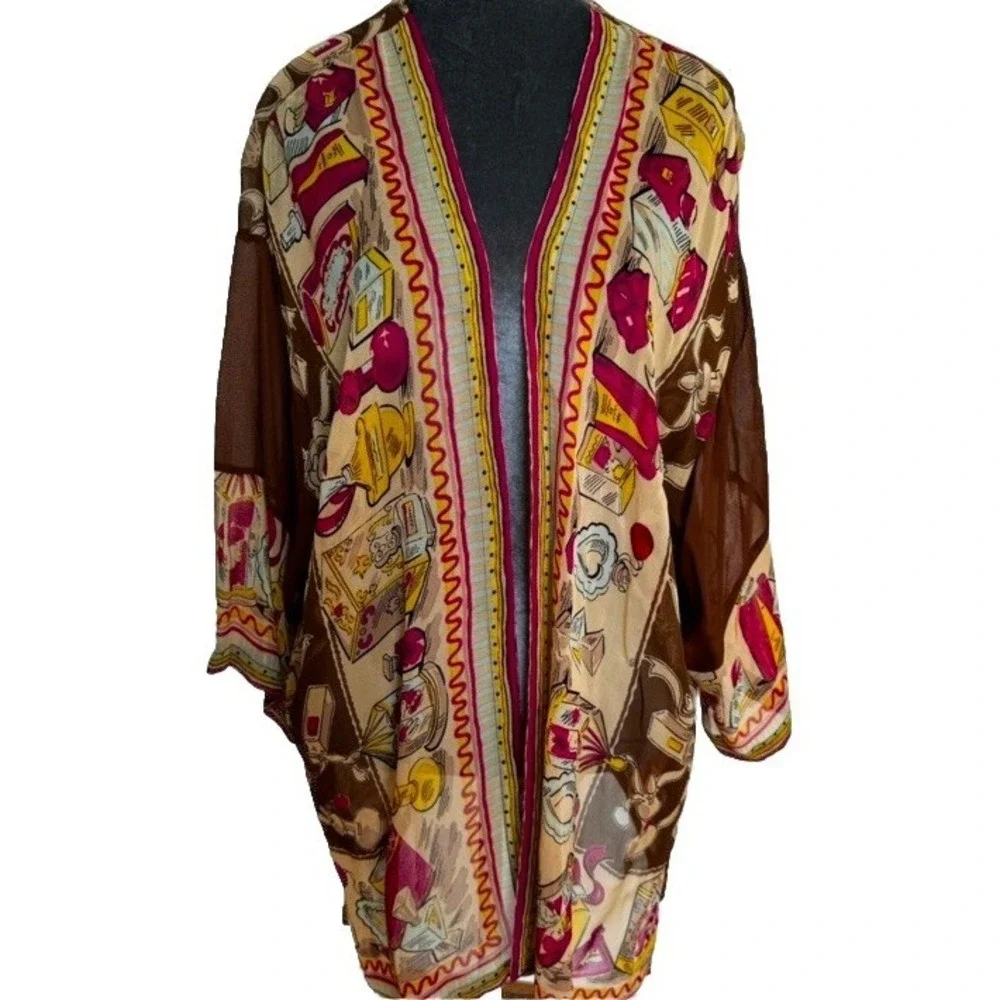 Vtg Sheer Kimono‎ Cardigan Perfume Print Boho Chic Open Front Duster Topper Glam